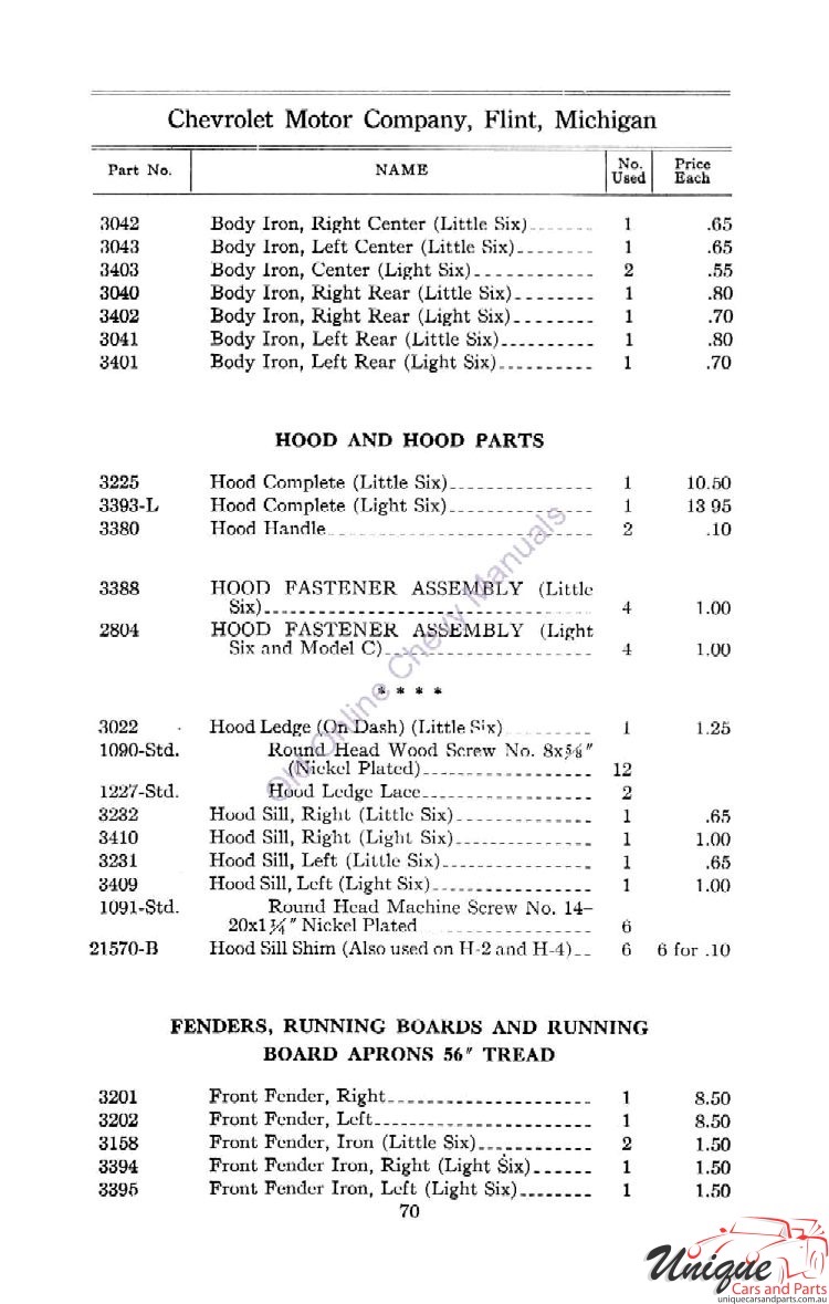 1912 Chevrolet Light and Little Six Parts Price List Page 68